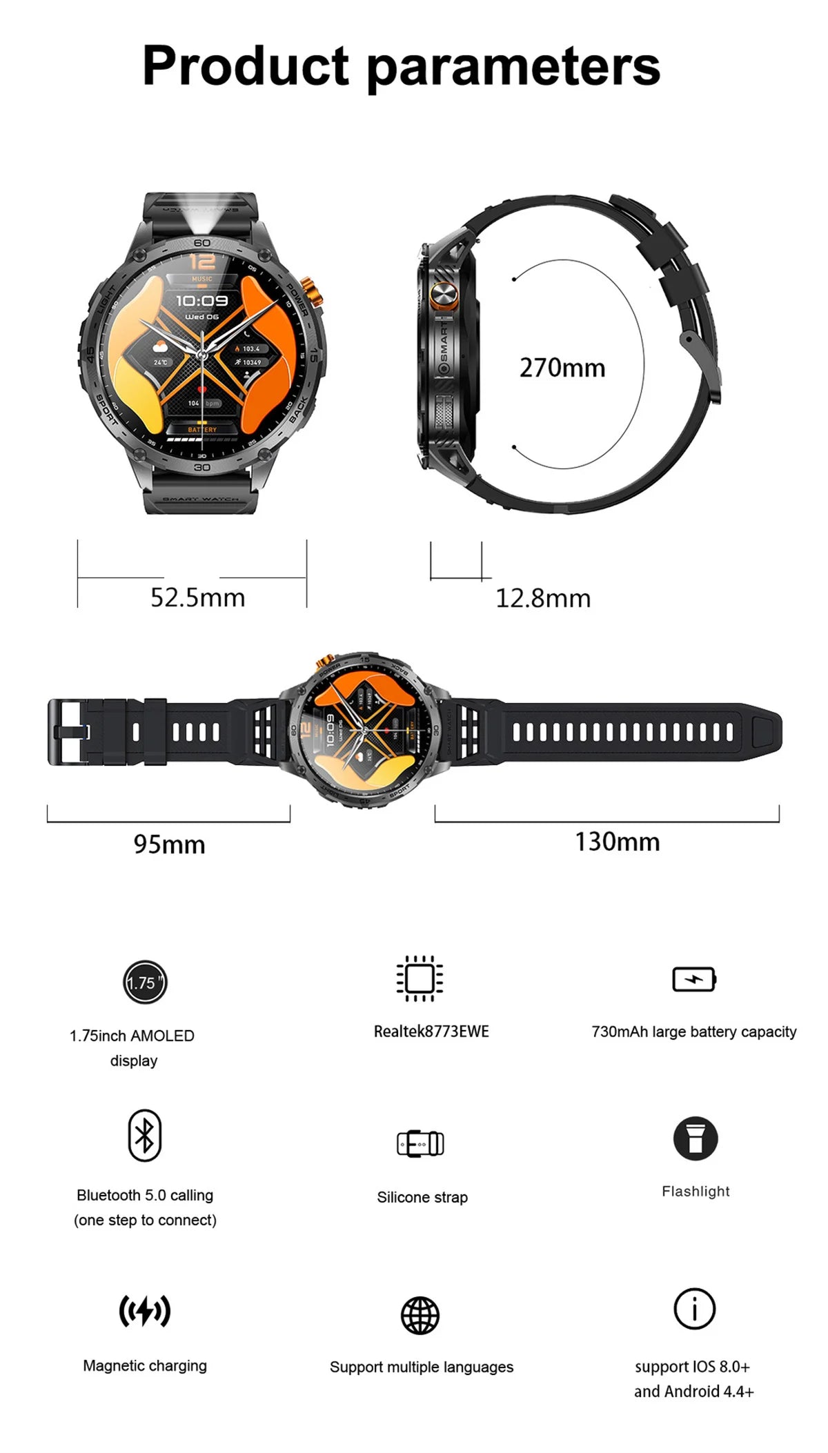 K69 Smart Watch 1.75inch Amoled Screen LED Flashlight Men Bluetooth Call Sports Fitness Tracker Health Monitor Smartwatch
