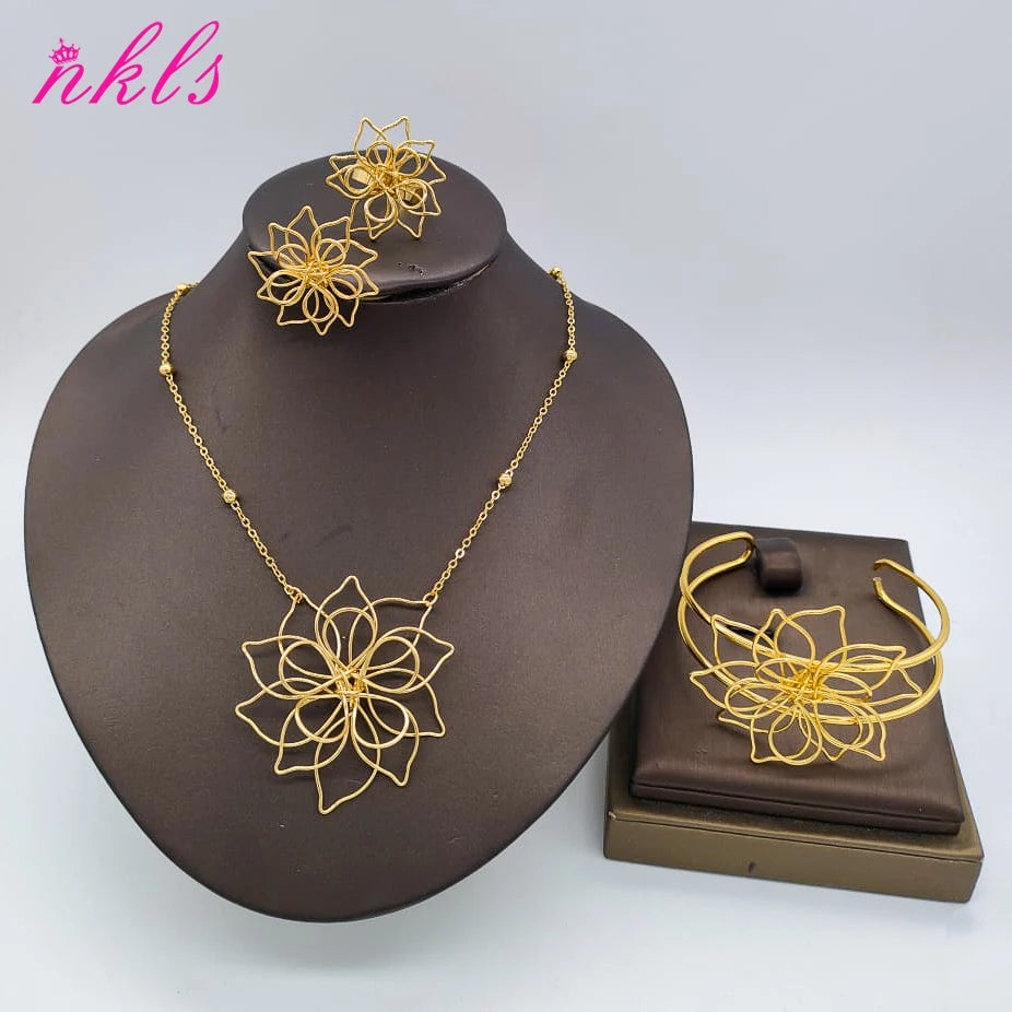Gold Plated Flower Jewelry Set Women Gold Color Wedding Luxury Wedding Bangle Ring Necklace Earring  Dubai African Party Gift