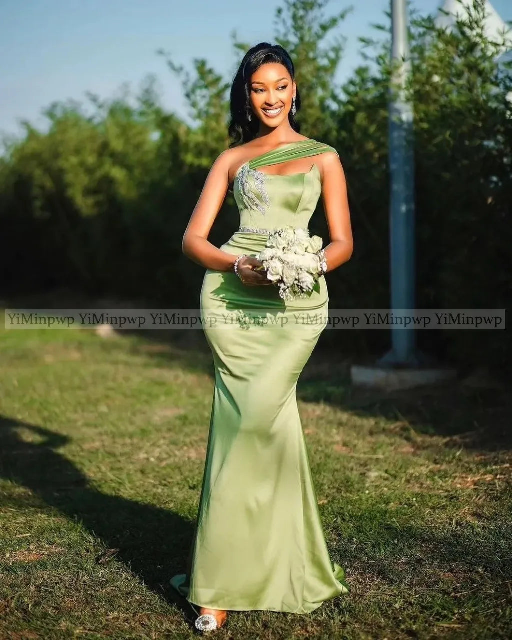 Africa Sage Mermaid Bridesmaid Dresses for Women One Shoulder Garden Wedding Guest Party Gowns Maid of Honor Dress Customized