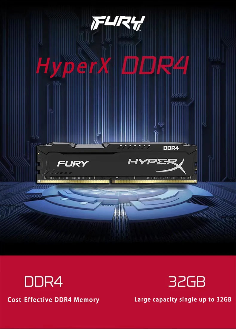 HyperX Fury DDR4 Ram 8GB 16GB 32GB 3600MHz 3200MHz 2666MHz 2400MHz 2133MHz DRAM DIMM 288Pin For Desktop Computer