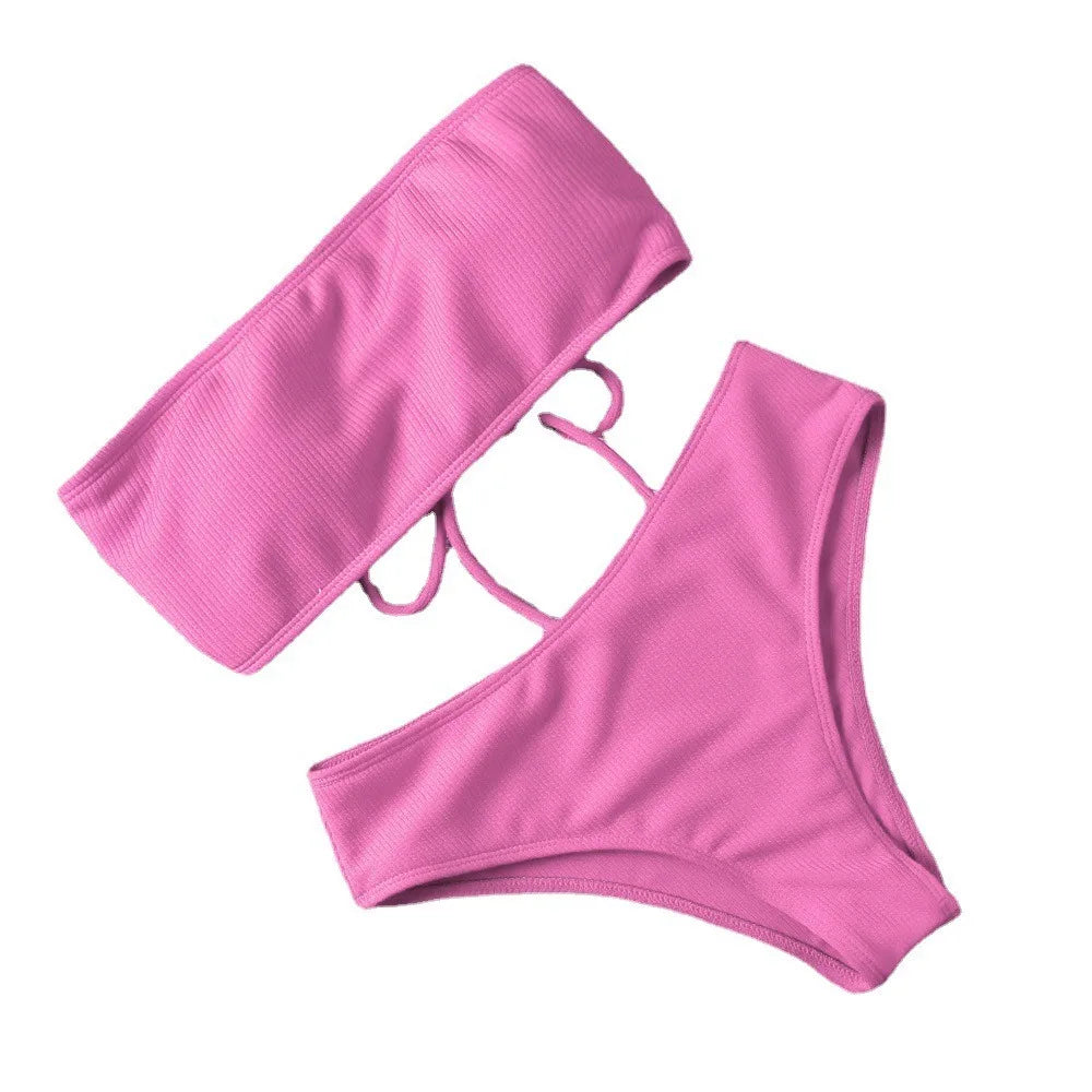 Solid Color Strapless Bikini Set Backless Sexy Swimsuit High Waist Adjustable Women Swimwear Summer