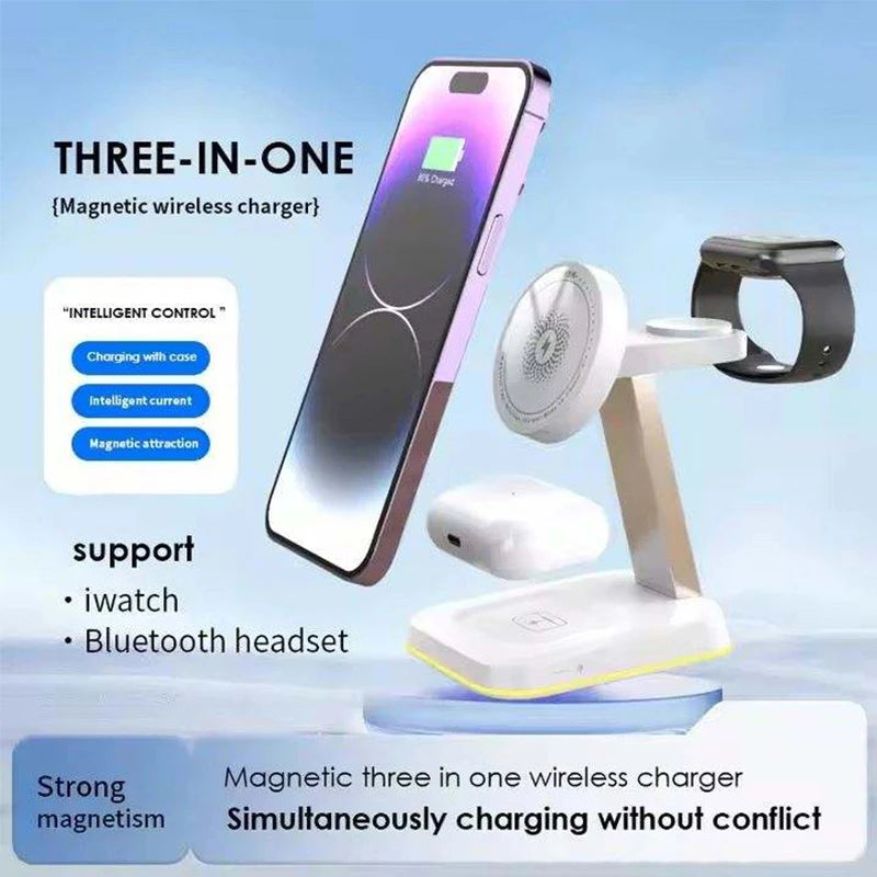 3 in 1 30W Smart Watch Earphone for iPhone 17 16 15 14 13 12  Fast Universal Magnetic Phone Stand Wireless Charger StationHolder