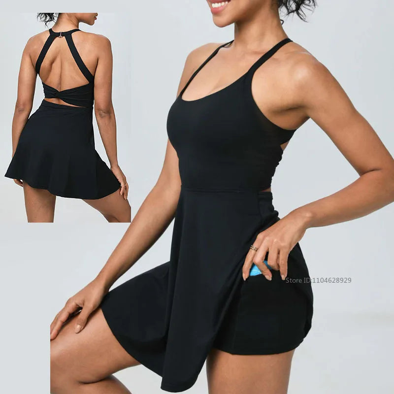 Summer Women Sexy Backless Tennis Dress Sleeveless A-lined Athletic Dress Built-in Bra & Shorts Ladies Elastic Workout Skirts