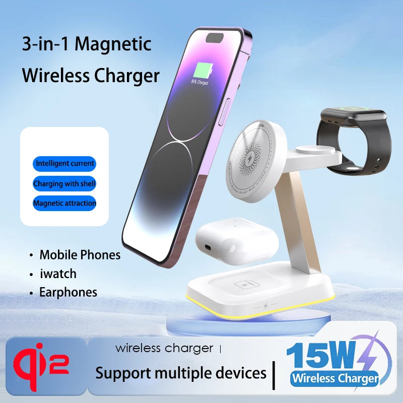 3 in 1 30W Smart Watch Earphone for iPhone 17 16 15 14 13 12  Fast Universal Magnetic Phone Stand Wireless Charger StationHolder
