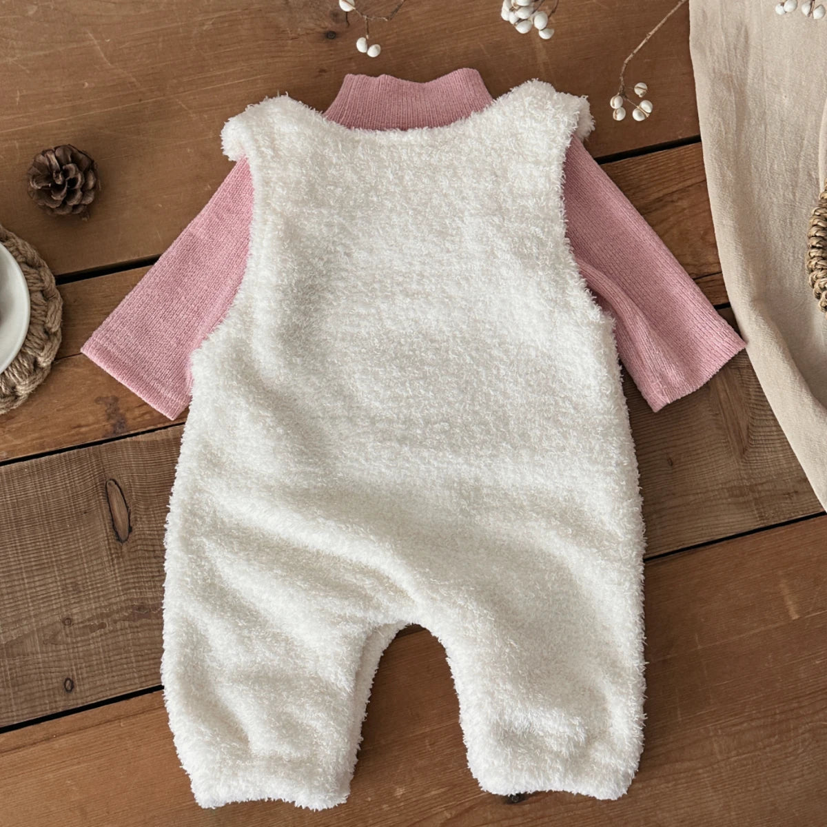 2Pcs Winter Autumn Toddler Baby Girls Clothes Flower Embroidered Plush Rompers+Pink Bottom Shirt Set Infant Warm Clothing Suits