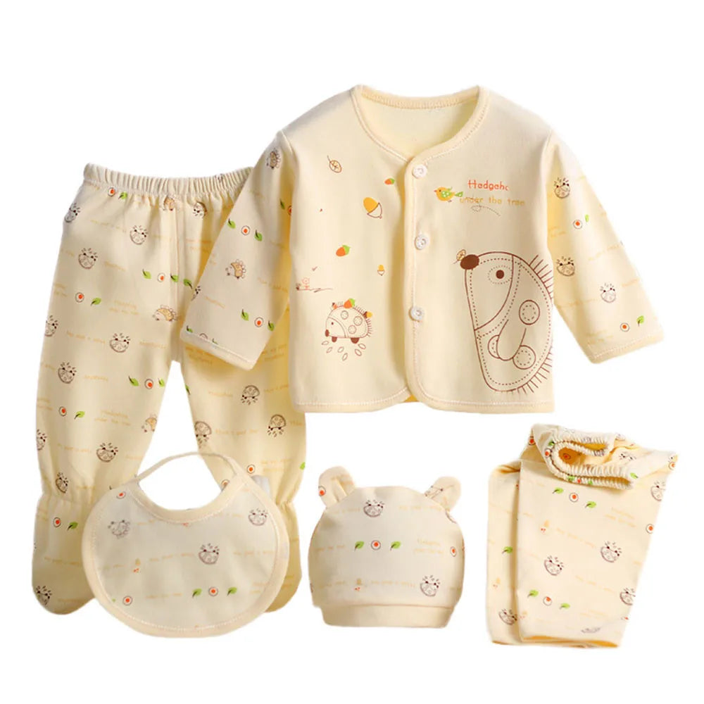 5PCS Newborn Baby Boy Girl Cartoon Long Sleeve Tops+Hat+Pants +Bib Outfit Set