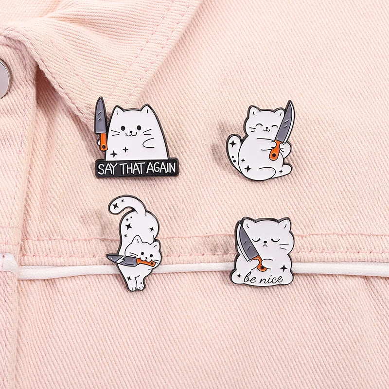 White Cat Holding Knife Enamel Pins Threatening Provoking Quotes Say That Again Brooch Bag Lapel Badge Jewelry Fans Gifts