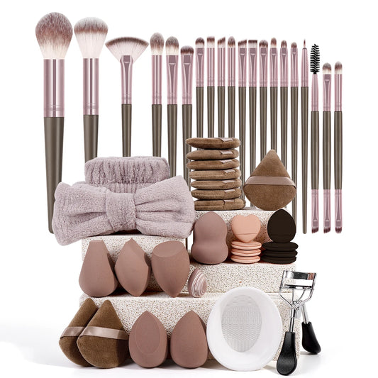 MAANGE 50pcs Makeup Kit 20pcs Professional Makeup Brush Set 25pcs Air Cushion Puffs Eyelashes Curled 4pcs Wash Accessories Gift