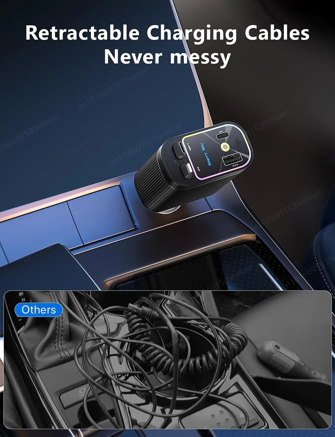 New Starlight in Car Roof Retractable Car Charger,66W 4 in 1 Fast Car Phone Charger,2 Retractable Cables & USB-C Charger Adapter