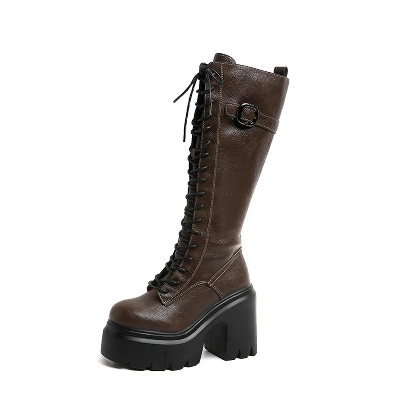 Knee High Women's Boots Lace Up High Heels Shoes Platform Chelsea Boots Winter 2025 Sexy Snow Long Boots Zip Pumps Mujer Botas