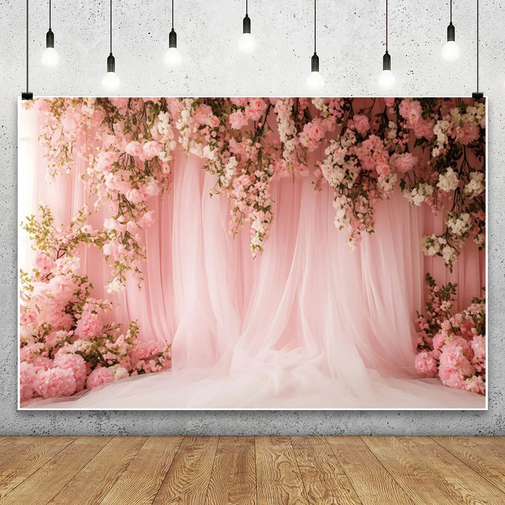 Pink Curtain Flowers Wedding Backdrop Baby Girl's Birthday Bar Mitzvah Portrait Photographic Background for Photo Studio Shoot
