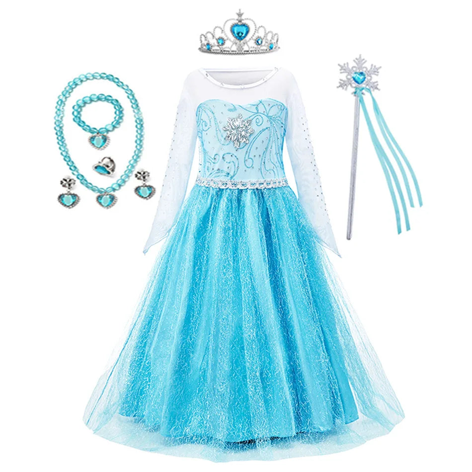 Disney Elsa Anna Princess Dress Girls Mesh Ball Gown Halloween Carnival Birthday Clothing Kids Cosplay Snow Queen Frozen Costume