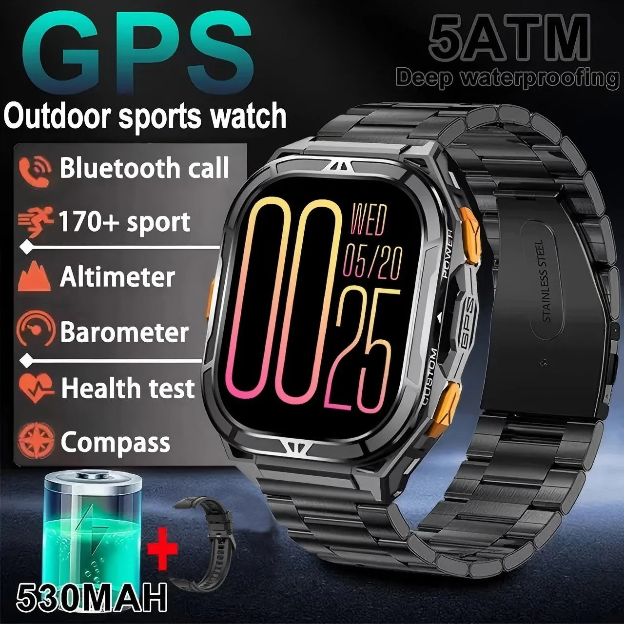 2025 NEW TANK X5 Smartwatch 5ATM Waterproof GPS Dual-Frequency tracking 1.96" AMOLED 530mAh Compass 170+ Sports Fitness Tracker