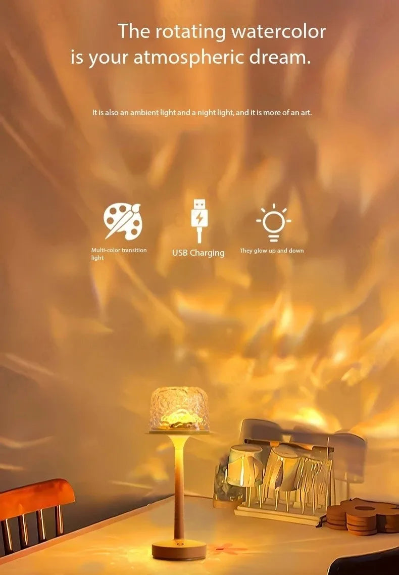 LED High Footed Desk Lamp with Water Ripple Projection Romantic Atmosphere Night Light for Couple Gift Indoor Bedroom