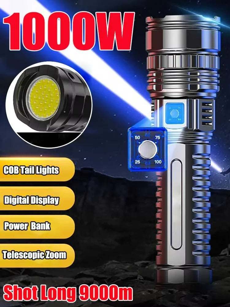 500000LM Ultra Bright LED Flashlight Bult-in Battery Most Powerful Flashlights Tactical Lantern COB Lights Emergency Spotlights