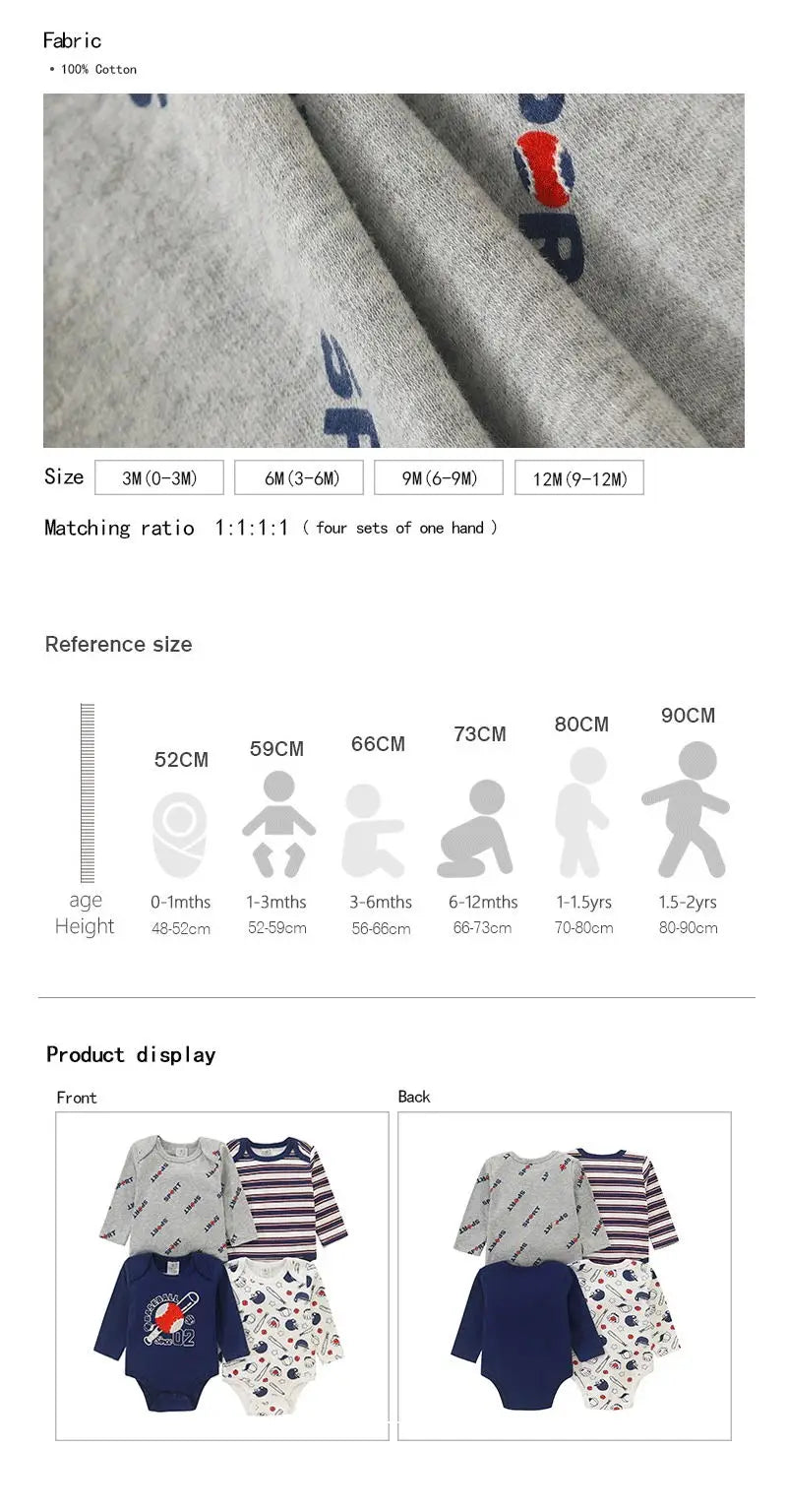 4 Pieces Baby Clothing Infant Bodysuit Long Sleeve High Quality Newborn Clothes Sets Pure Cotton Cartoon Kids Clothing for 0-12M