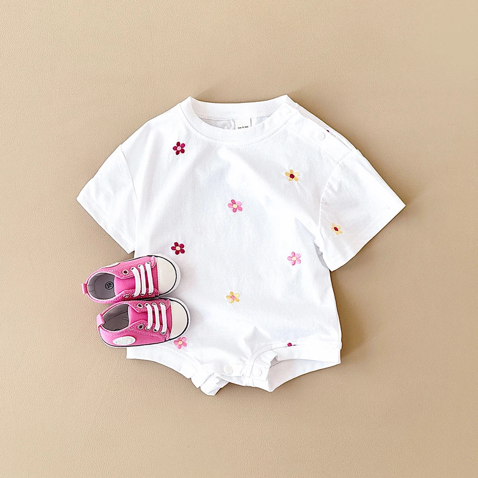 2024 Newborn Summer Baby Romper Floral Print Round Neck Short Sleeved Cotton Girls Child Clothing Jumpsuit 0-18M Infant Bodysuit