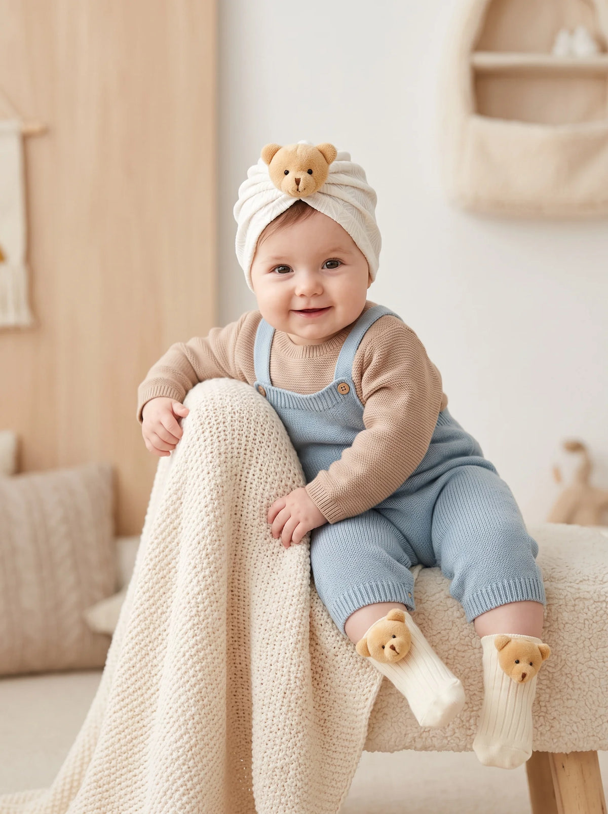 2pcs 3-24M Baby Kids Cute Puppy Cartoon Hat & Socks Set, Simple Solid Color Infant Knit Accessory Kit