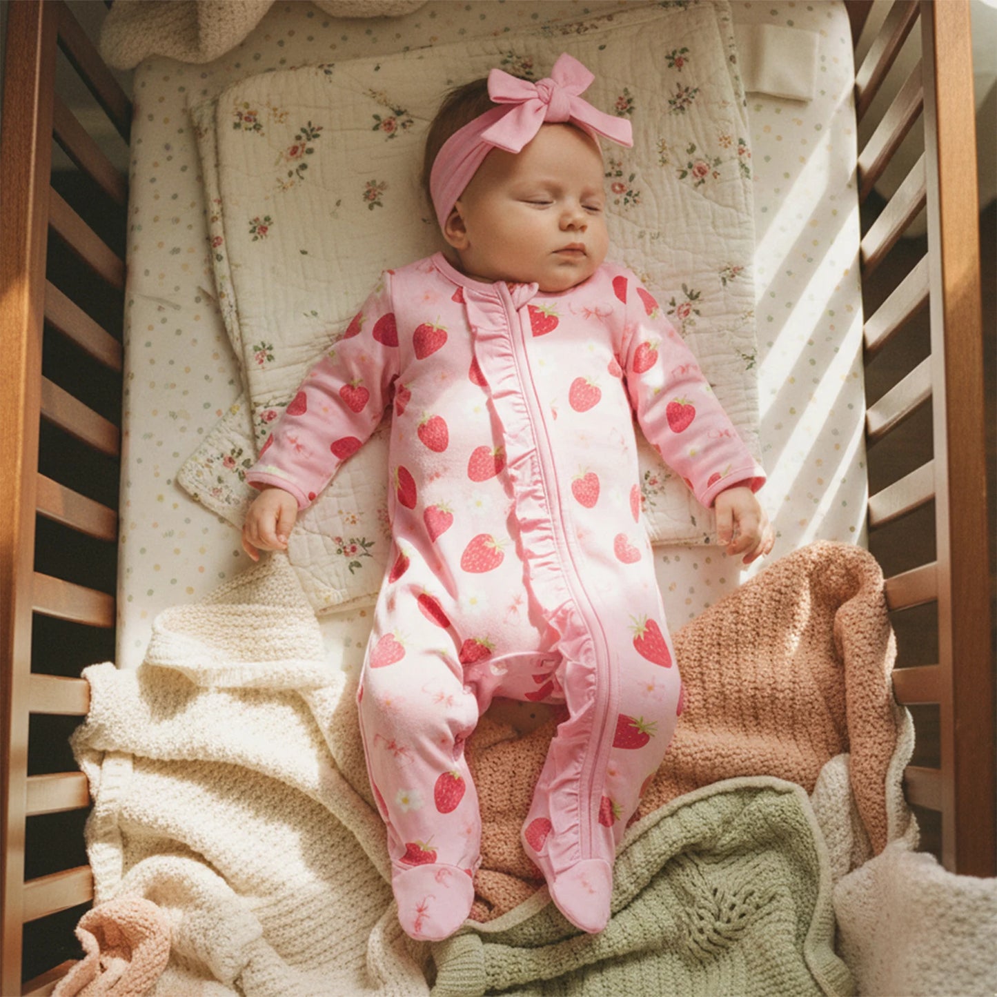 Newborn Baby Girl Footed Romper Strawberry Bow Print Long Sleeve Zip Up Round Neck Ruffled Jumpsuit with Headband