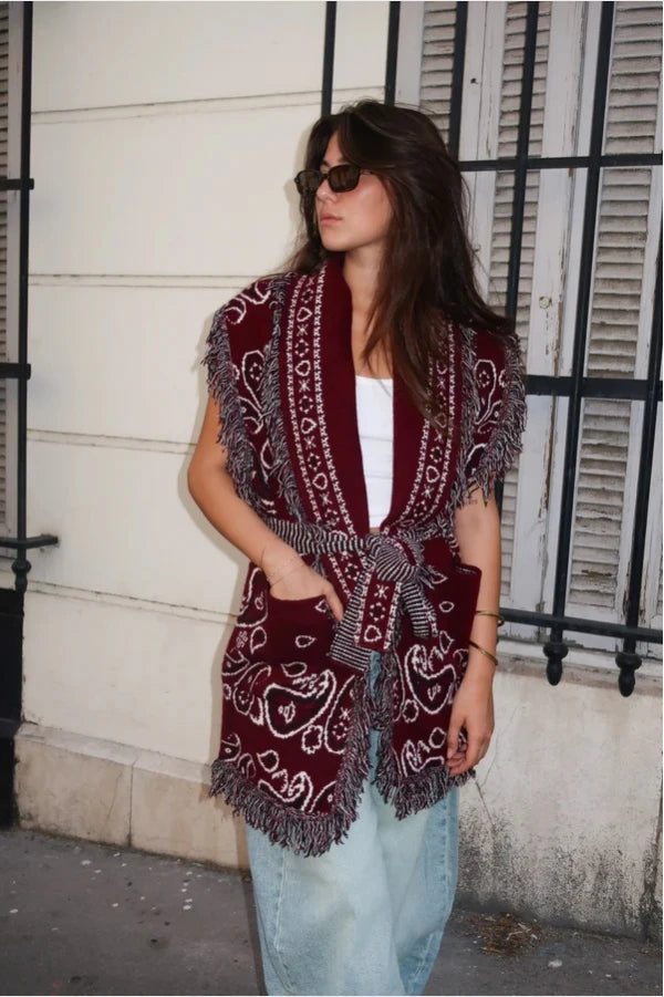 Women's Print Fringe Knitted Vest Coat Fashion Sleeveless Tie Waist Pocket Cardigan Sweater Lady 2025 Autumn Casual Outerwear