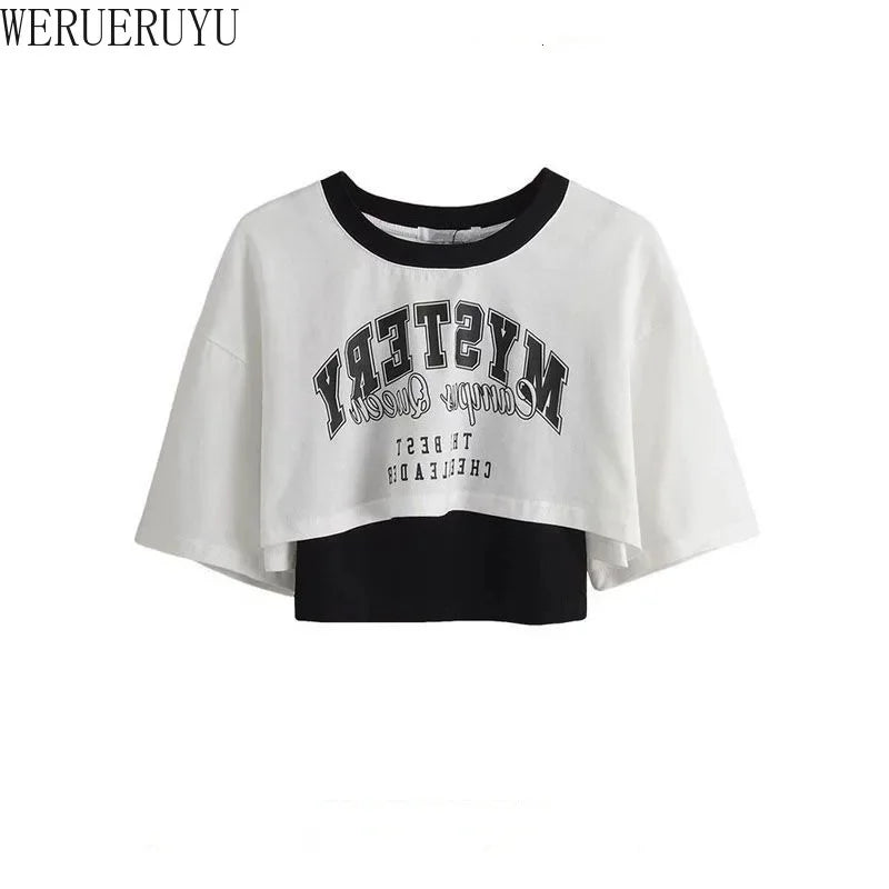 Vintage Print Graphic T-shirt Women Crop Top Short Sleeve Y2k Clothes Summer Loose Sexy Short Two-piece T-shirt Set Womens 2025