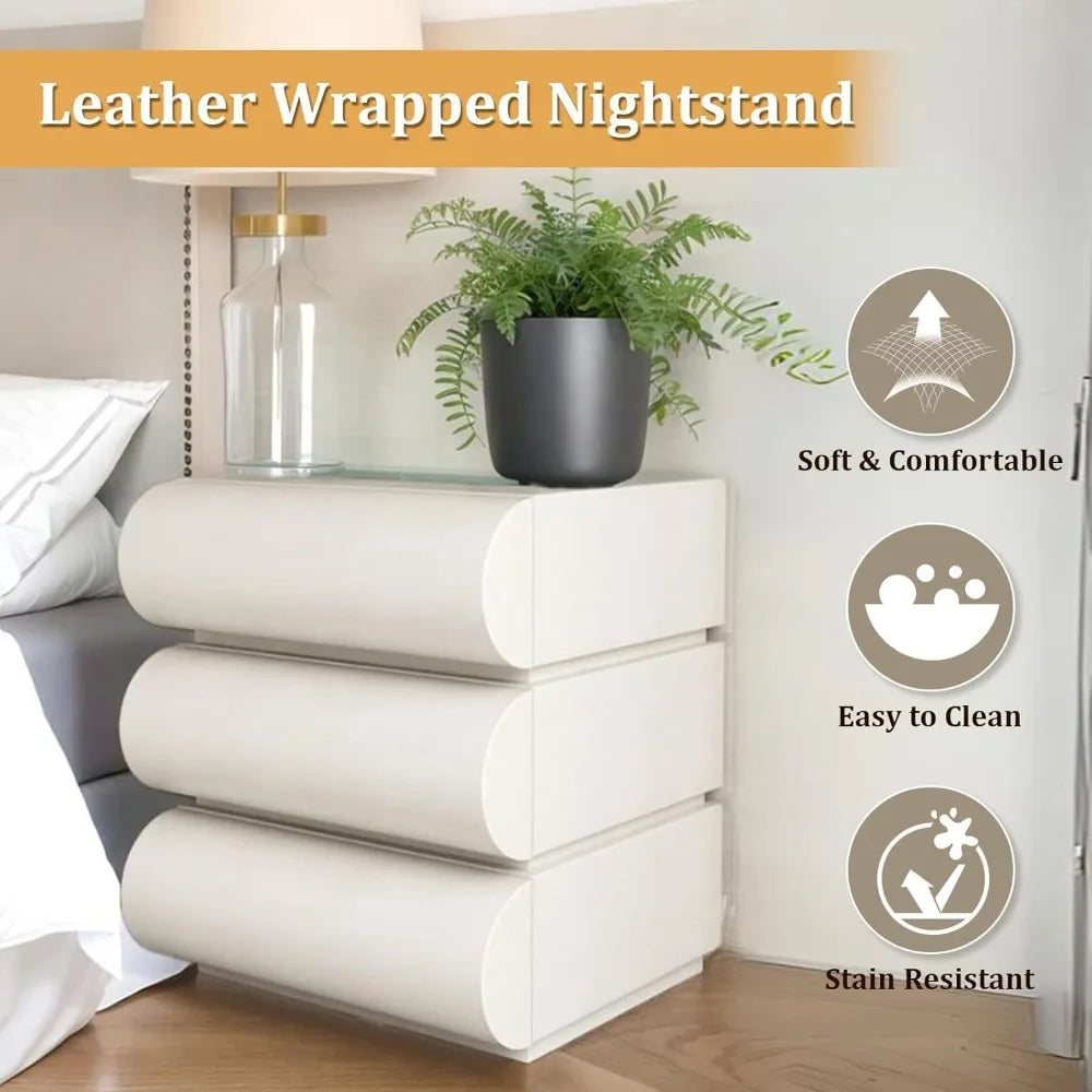 modern off white nightstand with 3 drawers - leather bedside table, end table for bedroom/living room, fully assembled (19.7''h)
