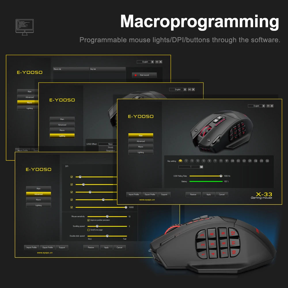 E-YOOSO X-33 RGB USB 2.4G Wireless Gaming Mouse 16000 DPI 16 buttons Programmable game Optical mice for Computer PC Laptop