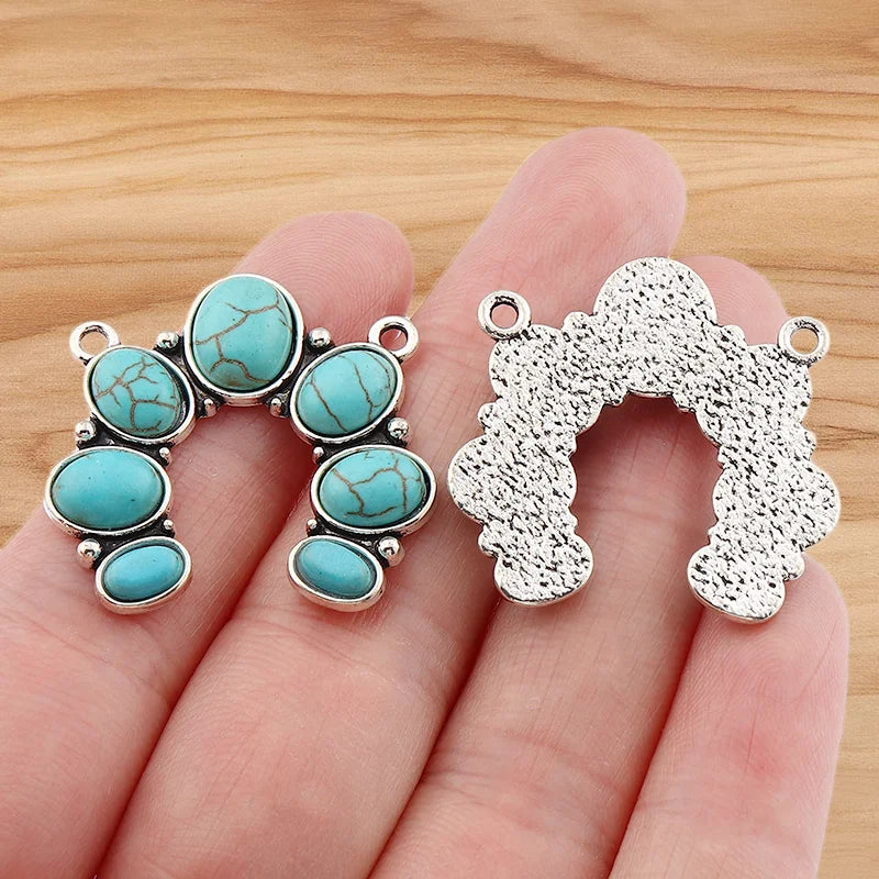 4 Pieces Tibetan Silver Color & Turquoise Crystal Hollow Charms Pendants For DIY Necklace Jewelry Making Accessories