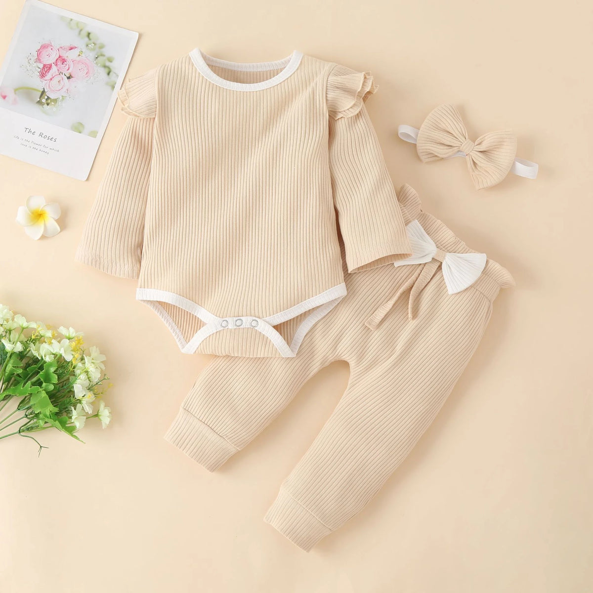 3Pcs Baby Girl Outfit Set Newborn Toddler Kids Clothing Set Baby Girls Lace Ruffles Cotton Bodysuit +Pants+Headband Clothing
