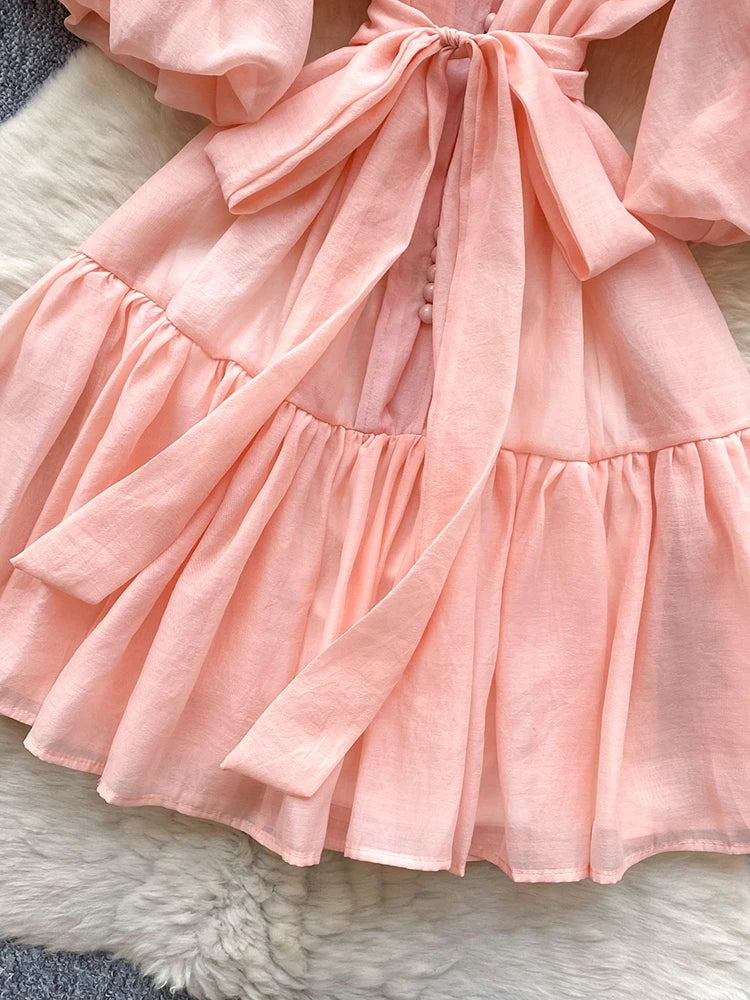 Summer Women's Puff Sleeve Shirt Dress Fashion Beach Vacation Party Birthday Blue White Exquisite Chiffon Mid Length Dress B06