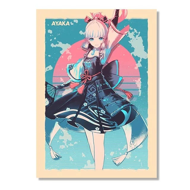 Genshin Game Retro Canvas Poster Ganyu Hu Tao Game  Wall Hanging Painting Anime Wall Art Pictures and Print for Home Room Decor