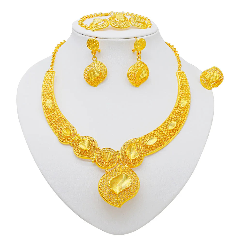 GDJWRI New Luxury Necklace and Earrings Jewelry Set Women Gold Color Copper Elegant African Ethiopian Dubai Wedding Party Gift