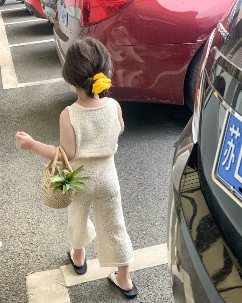 Girls Summer Clothing Set 2023 Kids Knitted Hollow Lace Suit Girl Fashion Breathable Vest + Wide Leg Pants Outfits Children Sets