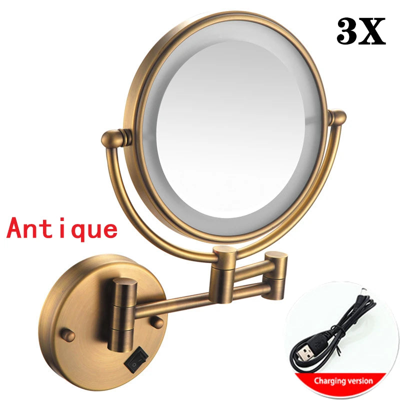 Brushed Gold LED Makeup Mirror with Brass Folding Bathroom Mirrors of 8 Inch 3X 5X Maynifying Makeup Mirror Dual Face LED Mirror