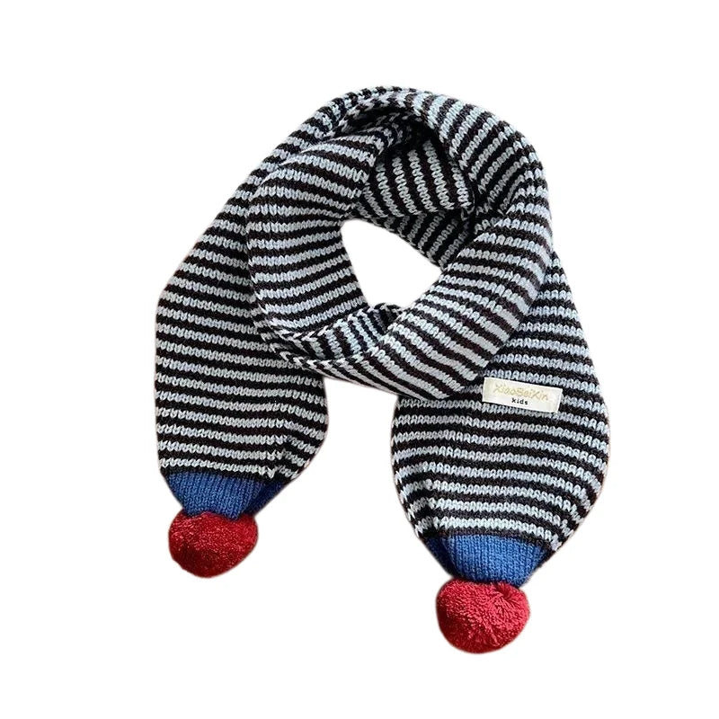 Winter Warm Knitted Kids Scarf Cute Pom Poms Stripe Neck Warmer For Boys Girls Letter Patch Casual Children Scarf