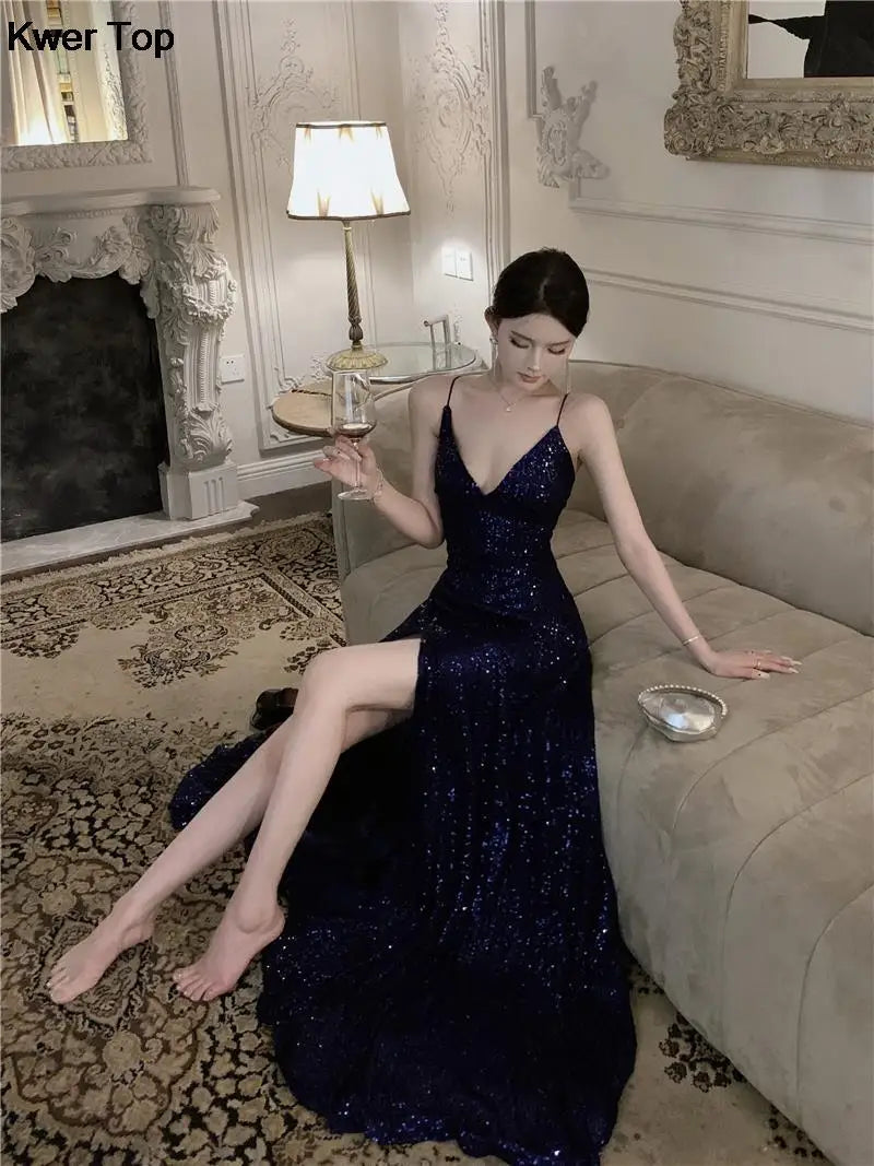 Women's Elegant V-neck Sequin Graduation Dresses Sexy Backless Split Bandage Runway Robe Summer Luxury Formal Occasion Clothes
