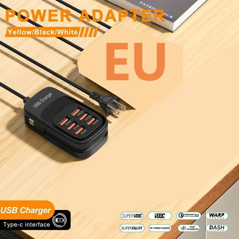 New USB Charger 6-in-1 Power Strip Desktop Charging Station With Fast Charging Cord EU US Plug USB/C HUB Adapter Socket 3PD 3USB