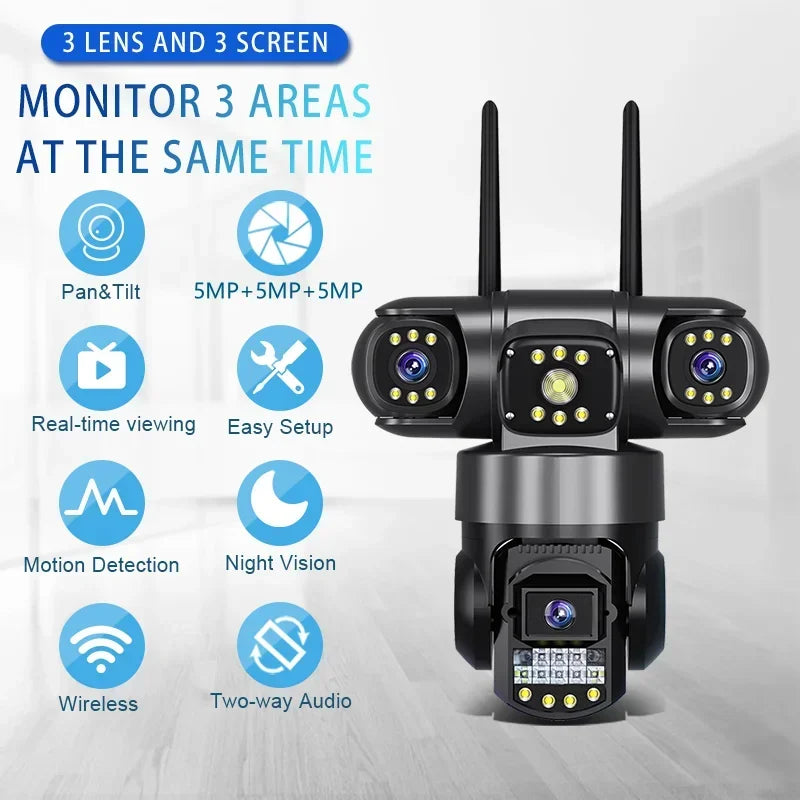15MP Wifi Security Monitor Cameras PTZ Outdoor Waterproof Three Lens Three Screens Camera 10X Zoom Human Detection Wireless Cam