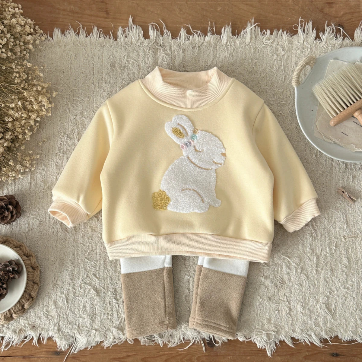Casual Sweatshirts Girls Toddler New Winter Clothing Crewneck Rabbit Embroidery Pullovers Color Blocked Pants 2pcs Outfit