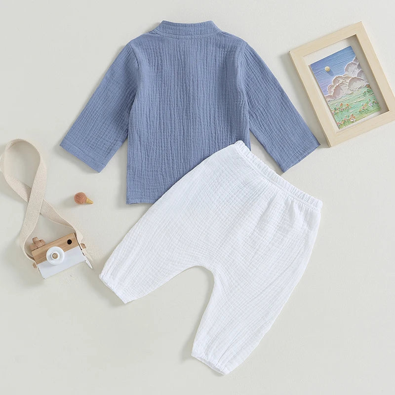 0-4Y Kids Boys Summer Fall Outfits Baby Solid Color Buttons Long Sleeve Shirts Tops + Elastic Waist Long Pants Boys Clothes Sets