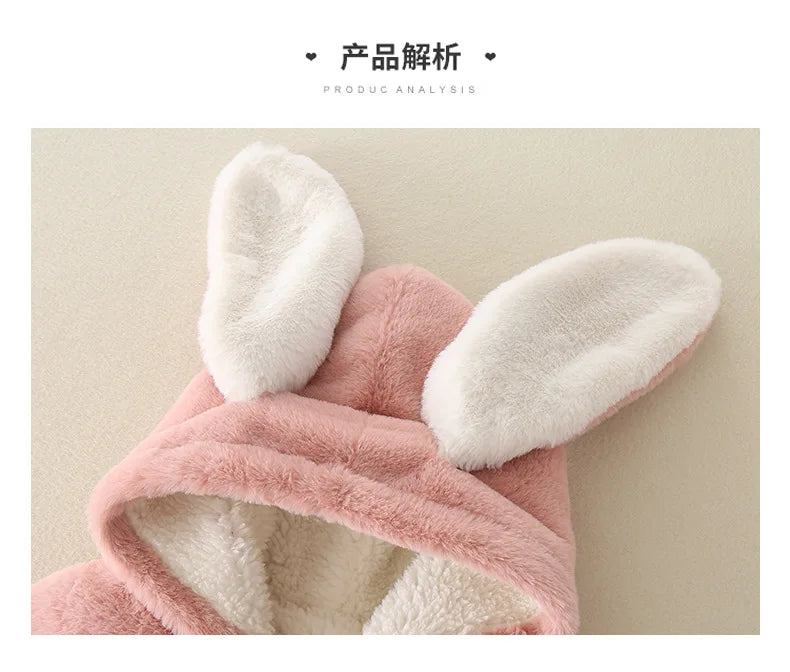 ZOETOPKID Baby Rompers Winter Warm Coral Fleece Newborn Boys Girls Clothes Cartoon Rabbit Coats Infant Jumpsuit Animal Overalls