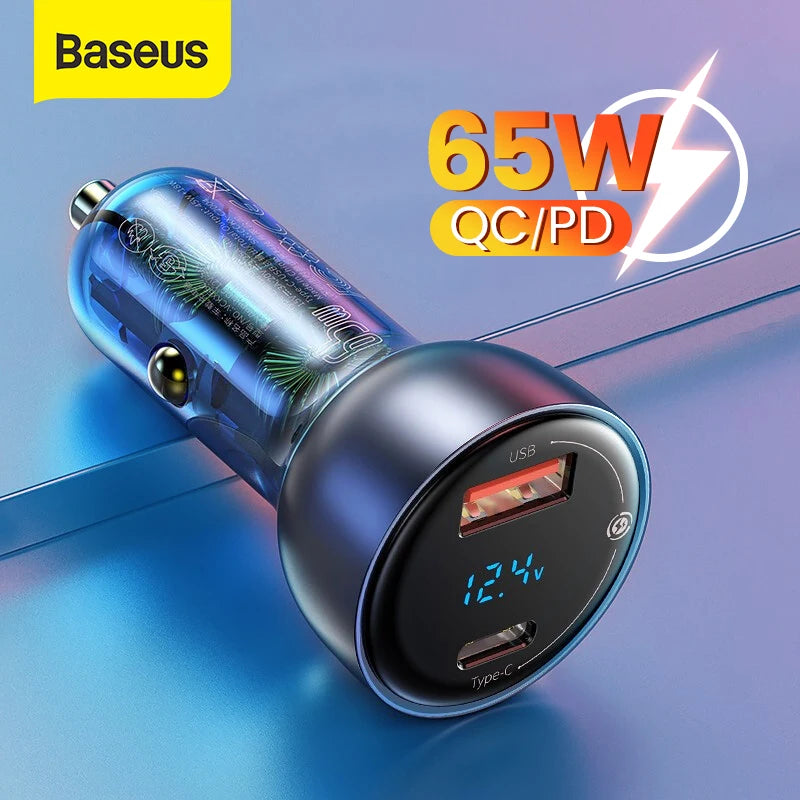 Baseus USB C Car Charger 65W Fast Charging Quick Charger 4.0 QC PD 3.0 Type C Car Charger For iPhone 14 Pro Xiaomi POCO MacBook