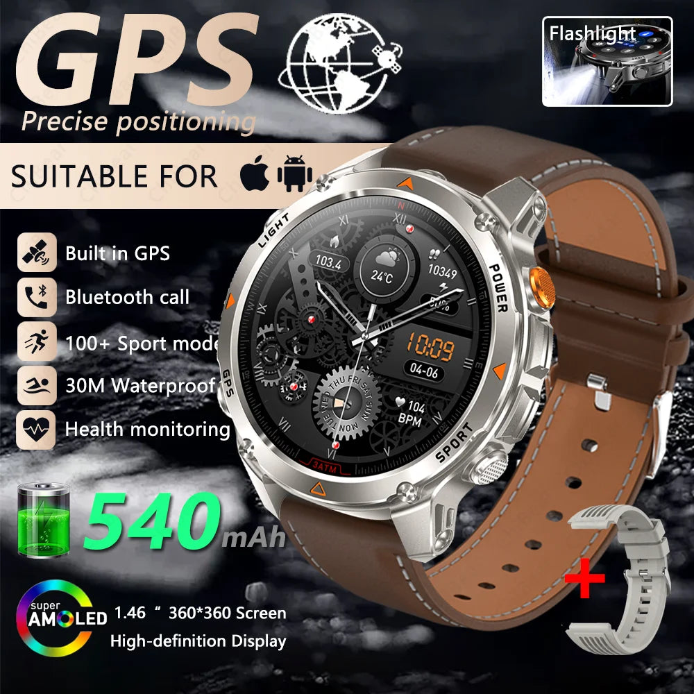2025 New Outdoor Millitary Smart Watch Men GPS Positioning 540mAh Battery Waterproof Sports Fitness Tracker BT Call Smartwatch