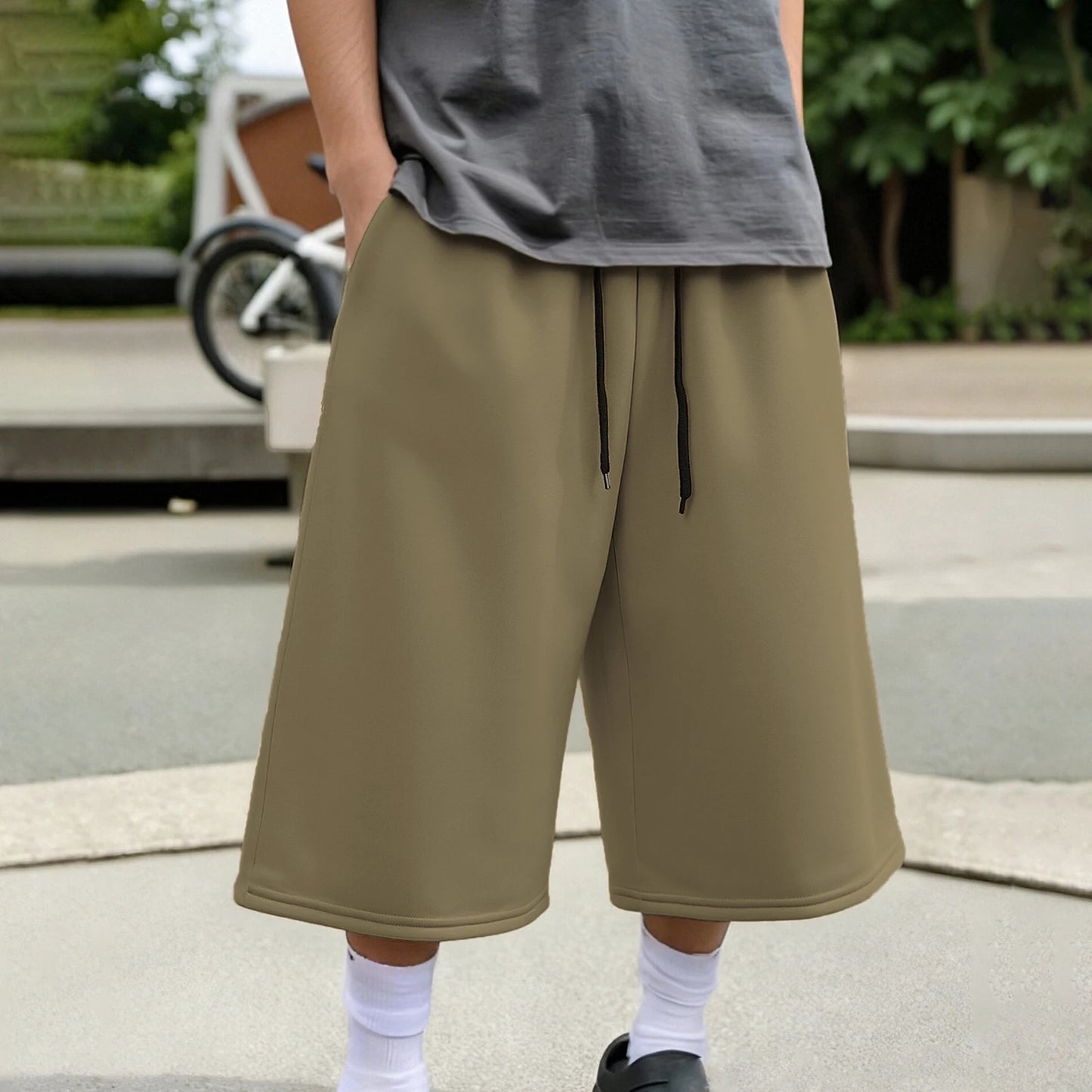 Men's Wide Leg Capri Pants Solid Color Casual 3/4 Length Drawstring Waist Sweatpants with Pockets for Sports, Gym