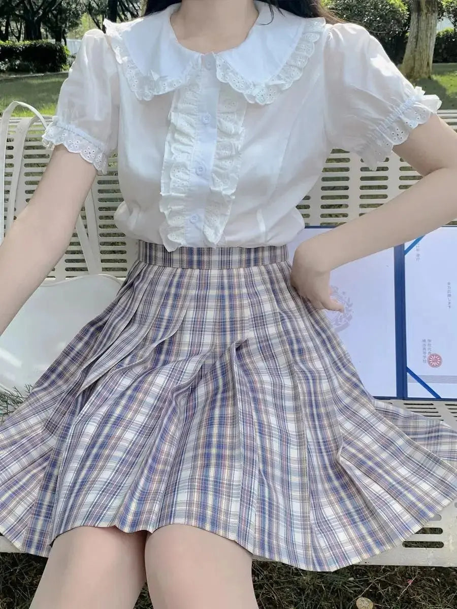 Deeptown Kawaii Lolita Blouses White Women Cute Lace Tops Ruffle Shirts Vintage Puff Sleeve Japanese Preppy Style Sweet Tops