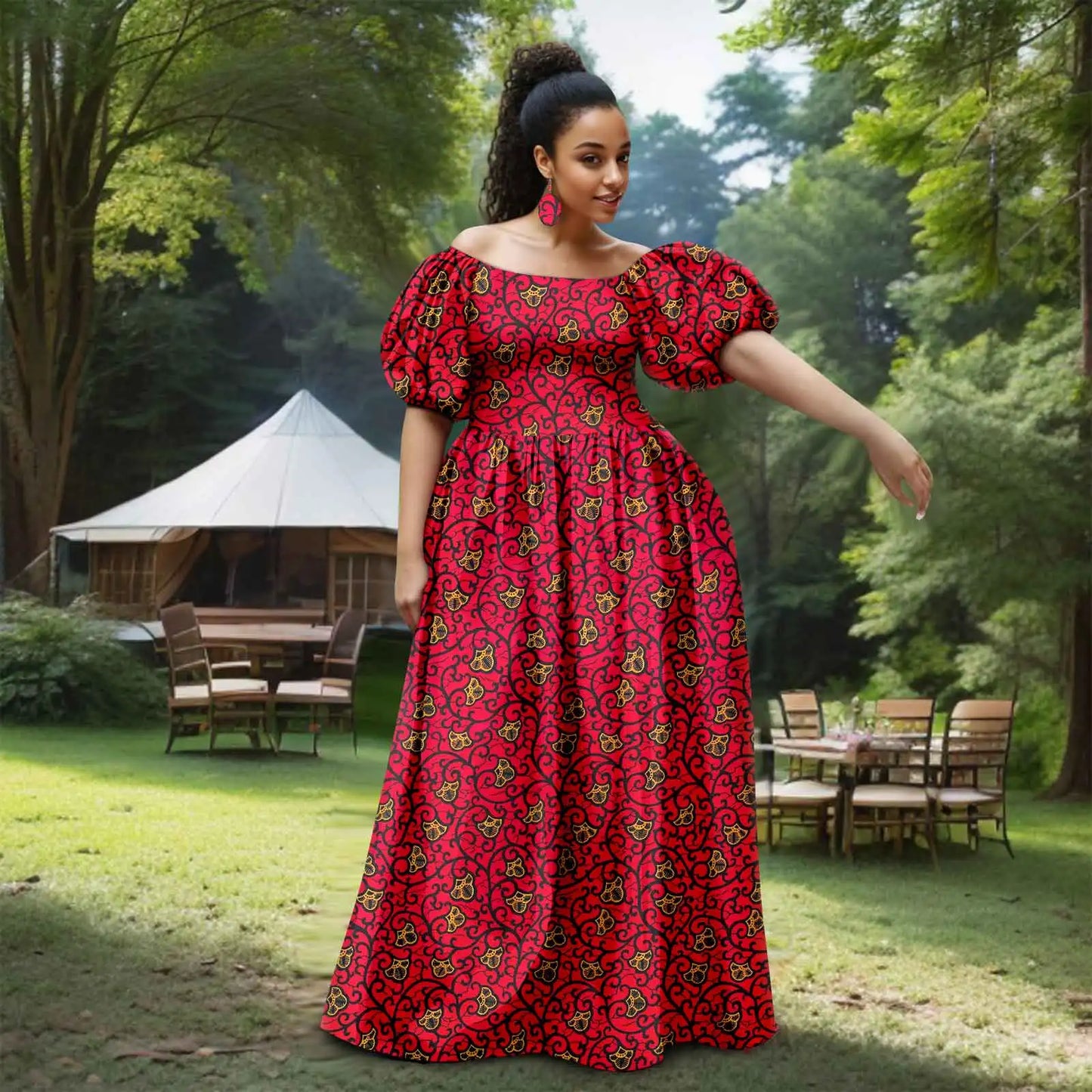Afripride African Women's Dresses Sexy Strapless Bubble Sleeves With Same Color Earrings Women's Dresses 2525012