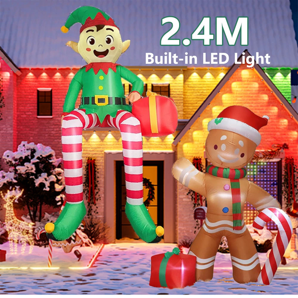 2.4M Christmas Inflatable Sitting Elf Outdoor Decoration Standing Gingerbread Man Inflatable Christmas Blow up Yard Decorations