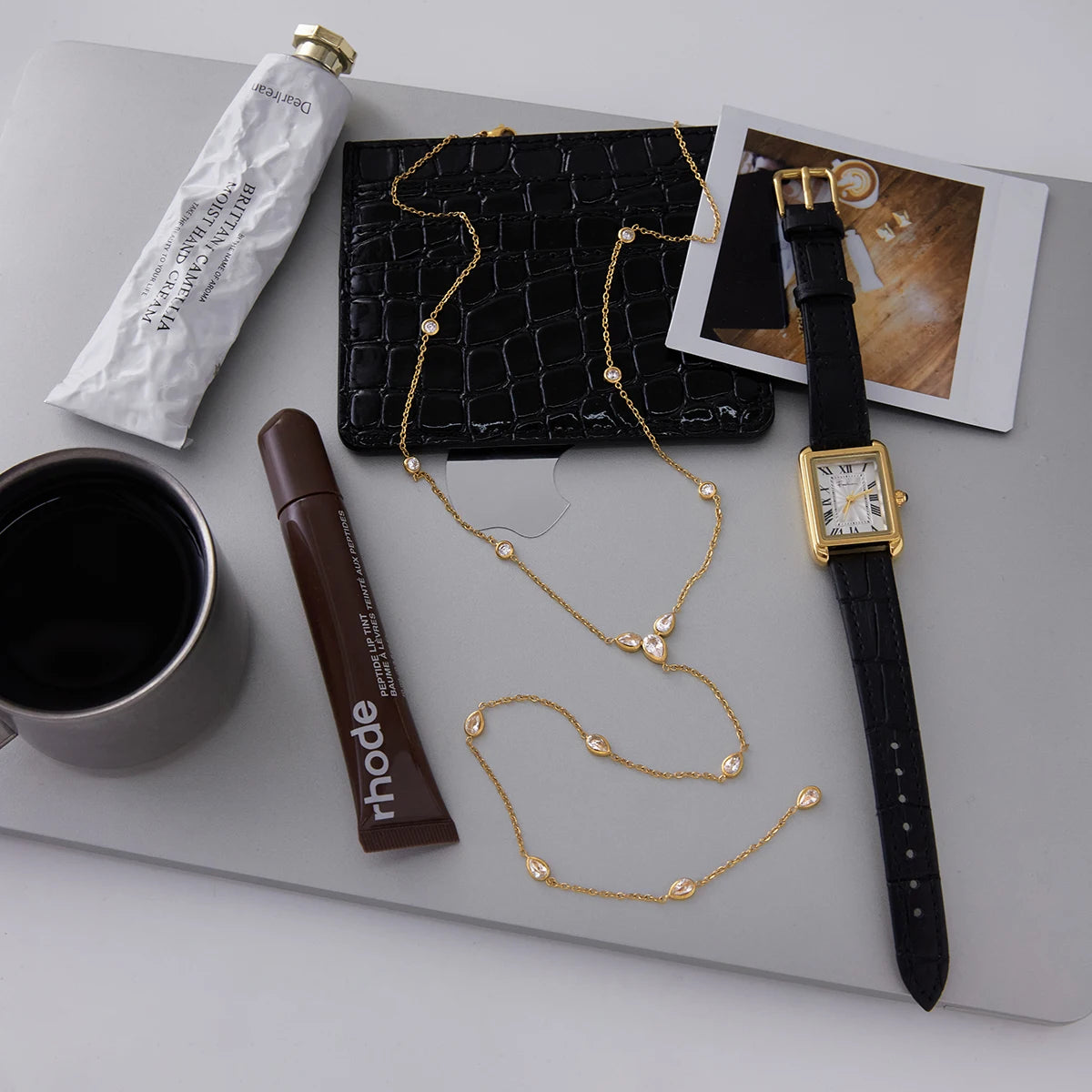 Uworld Simple Classic 18K Gold Color Plated Stainless Steel Water Droplet Shaped White Zircon Y-shaped Chain Stackable Chain Nec