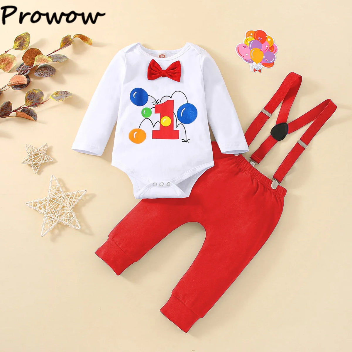 Prowow Baby Boy Cake Smash Outfits Balloon Letter"1" Romper and Y-back Strap Pants 3pcs Sets Baby Boy One Year Birthday Clothes