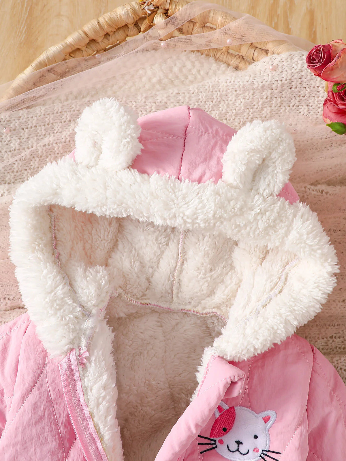 IURNXB Baby Winter Hooded Romper Cute Cat Fleece Jumpsuit Infant Warm Thick Onepiece Outfit for Newborn Girls Outdoor Wear 1-18M